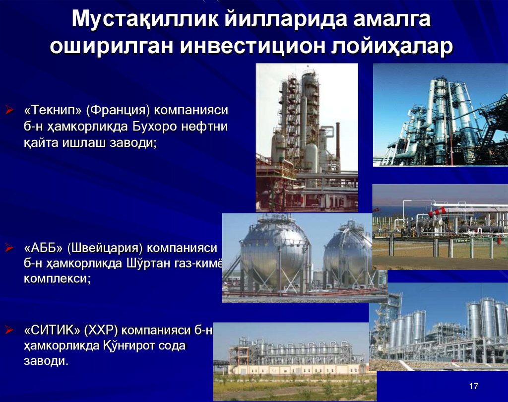 Мустақиллик йилларида амалга оширилган инвестицион лойиҳалар