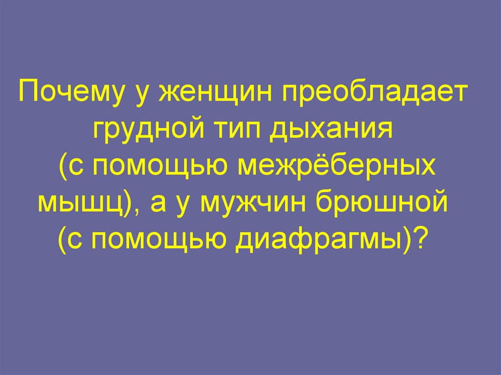 Почему у женщин преобладает грудной тип дыхания (с помощью межрёберных мышц), а у мужчин брюшной (с помощью диафрагмы)?