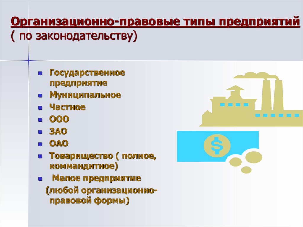 Организационно-правовые типы предприятий ( по законодательству)