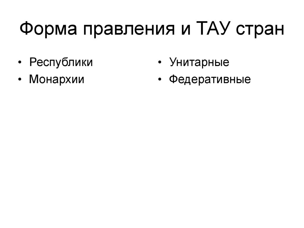 Форма правления и ТАУ стран