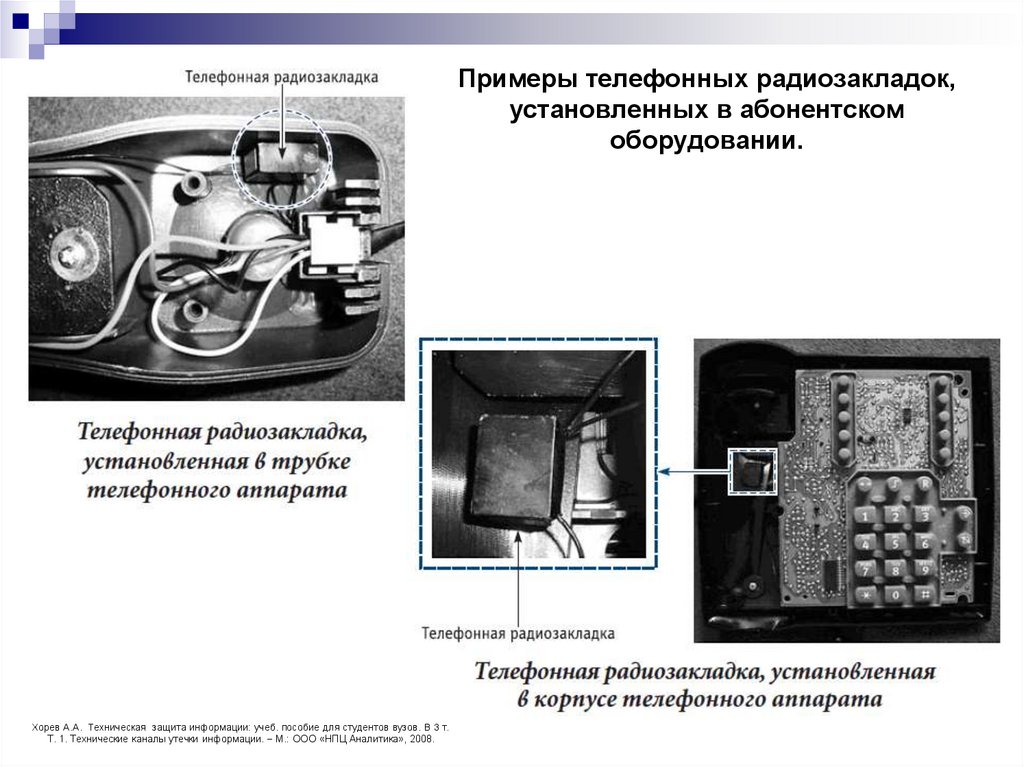 Примеры телефонных радиозакладок, установленных в абонентском оборудовании.