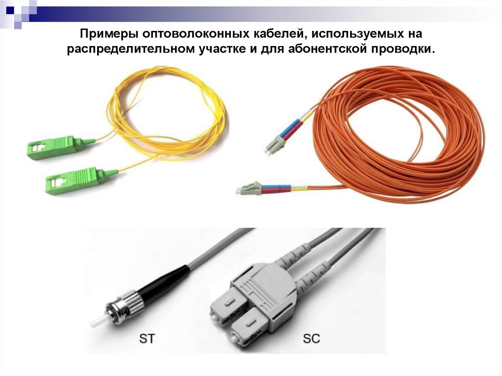 Примеры оптоволоконных кабелей, используемых на распределительном участке и для абонентской проводки.