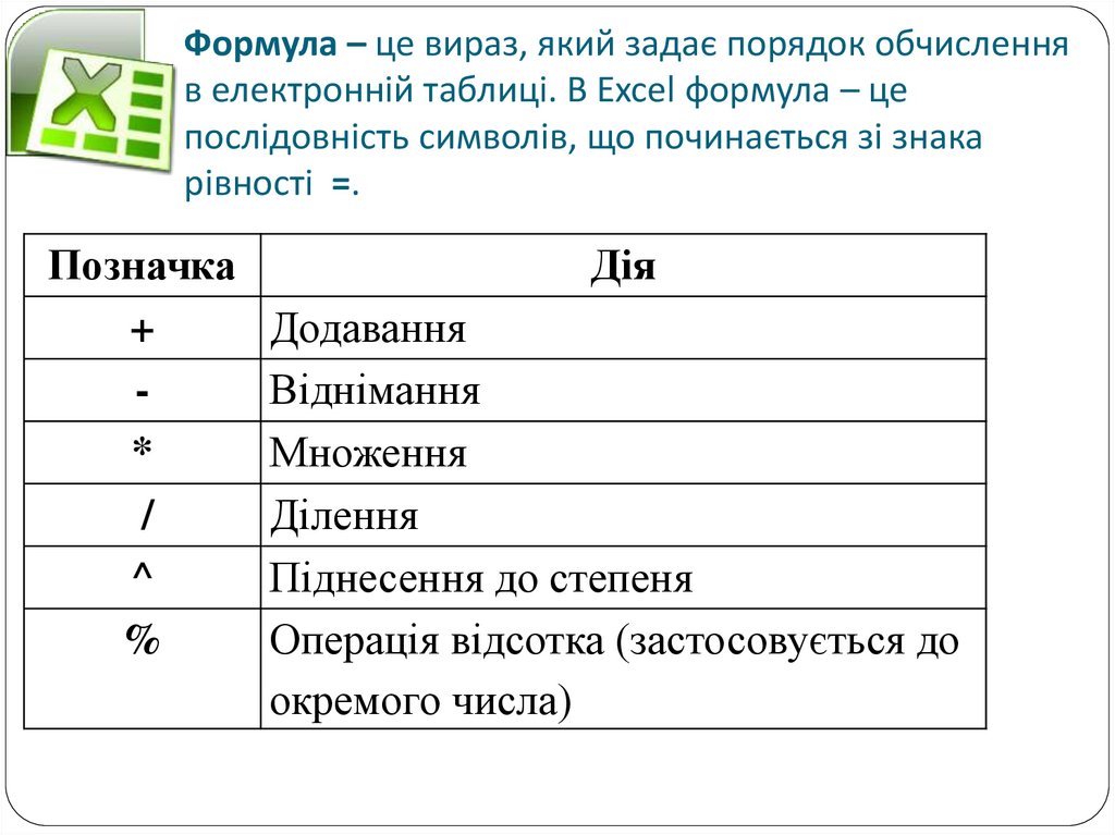 Формула – це вираз, який задає порядок обчислення в електронній таблиці. В Excel формула – це послідовність символів, що