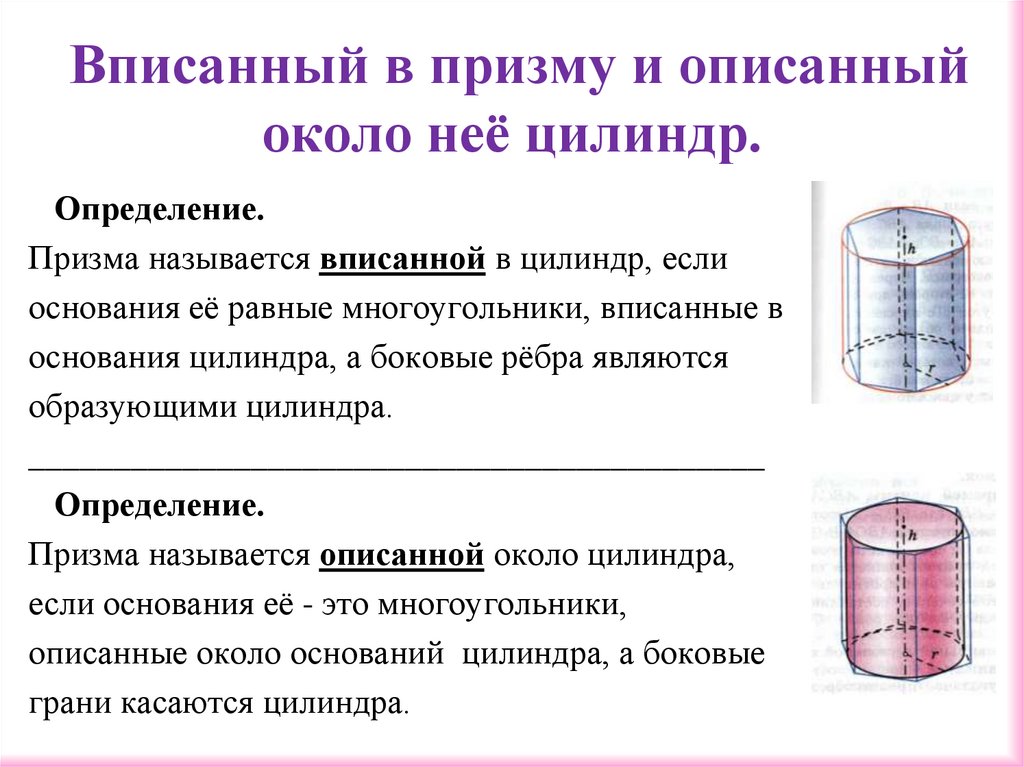 Вписанный в призму и описанный около неё цилиндр.