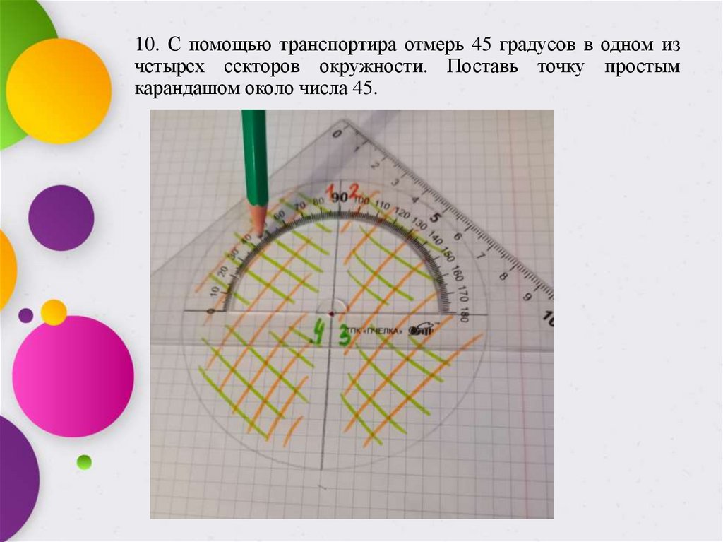 10. С помощью транспортира отмерь 45 градусов в одном из четырех секторов окружности. Поставь точку простым карандашом около