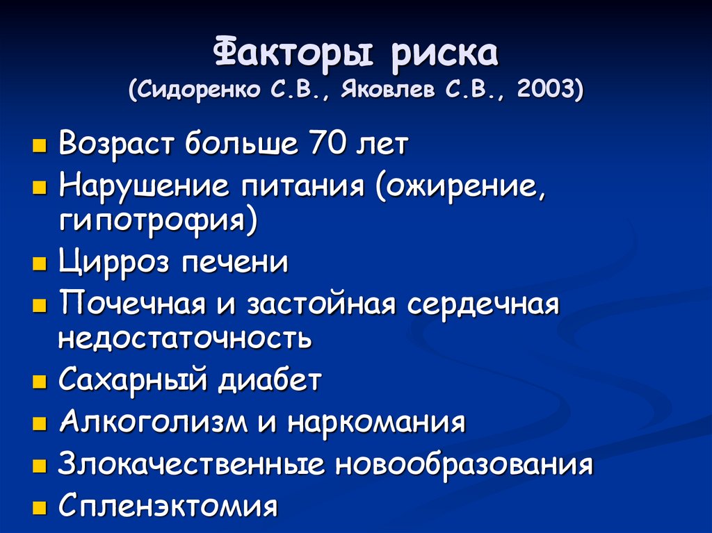 Факторы риска (Сидоренко С.В., Яковлев С.В., 2003)