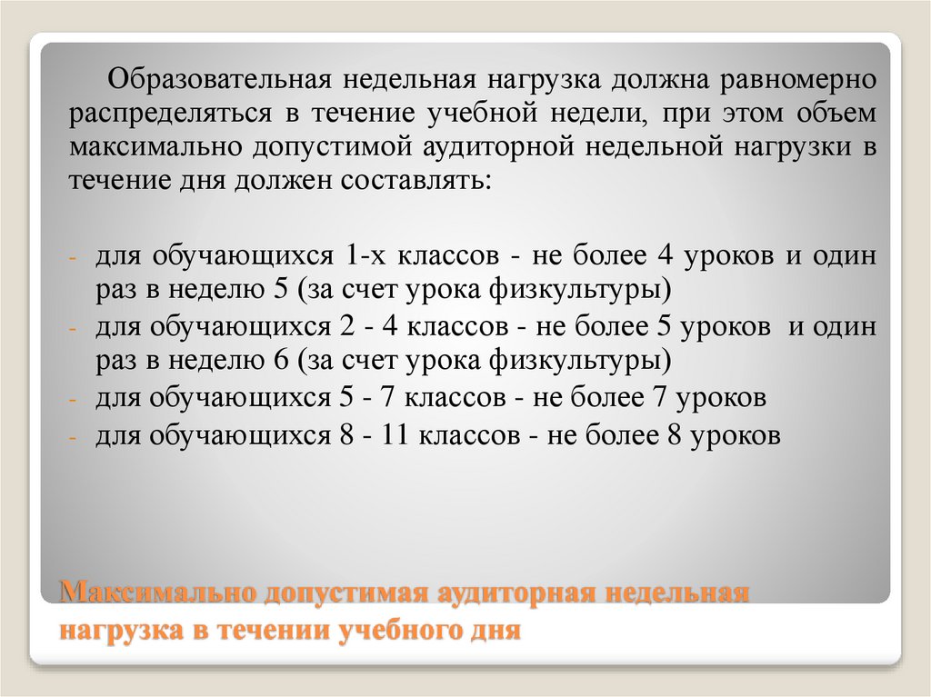 Максимально допустимая аудиторная недельная нагрузка в течении учебного дня