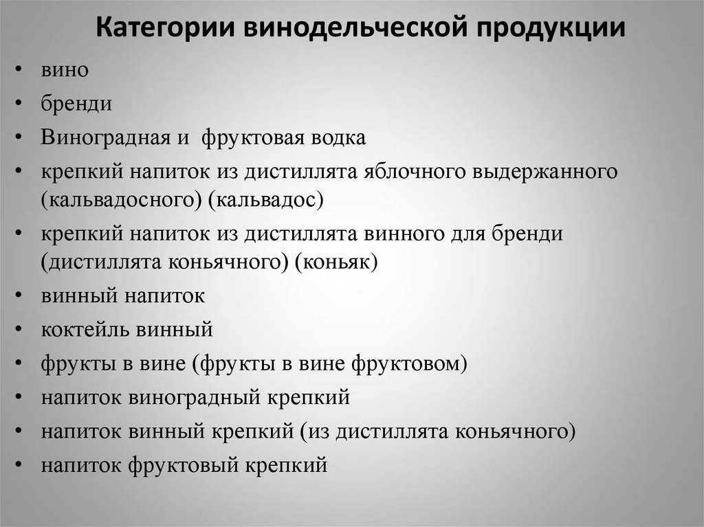 Категории винодельческой продукции