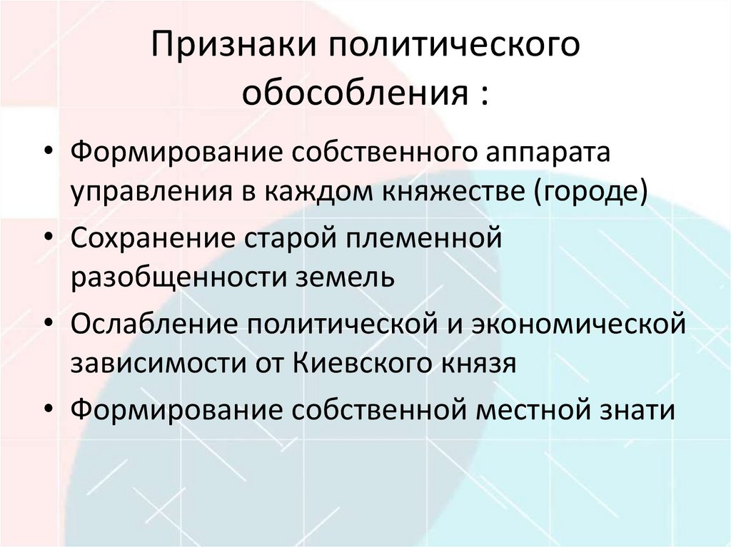 Признаки политического обособления :