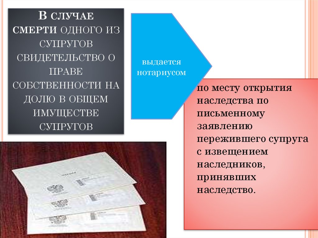 В случае смерти одного из супругов свидетельство о праве собственности на долю в общем имуществе супругов