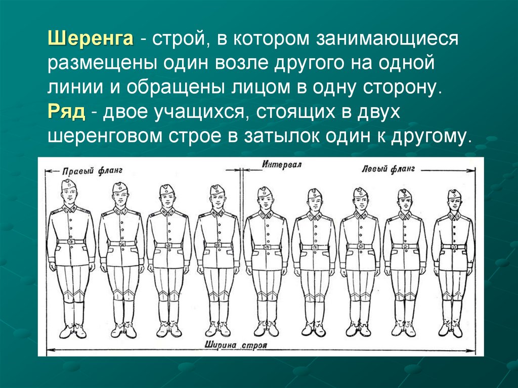 Шеренга - строй, в котором занимающиеся размещены один возле другого на одной линии и обращены лицом в одну сторону. Ряд - двое