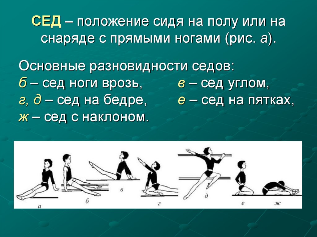 СЕД – положение сидя на полу или на снаряде с прямыми ногами (рис. а).