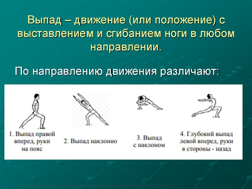 Выпад – движение (или положение) с выставлением и сгибанием ноги в любом направлении.