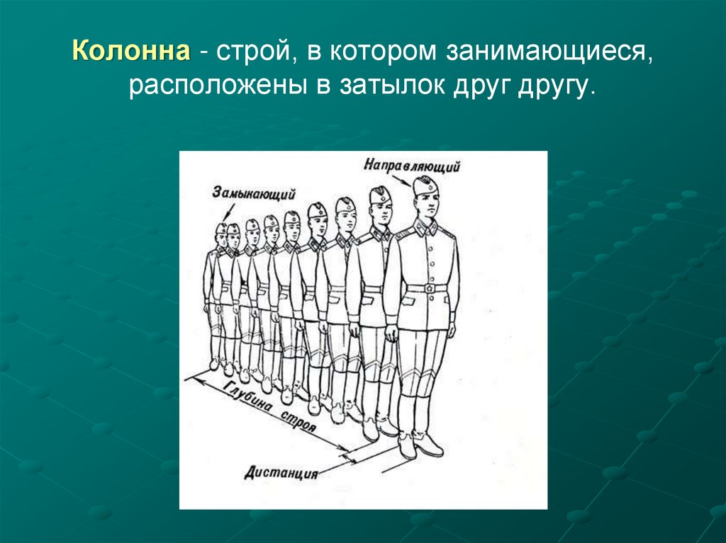 Колонна - строй, в котором занимающиеся, расположены в затылок друг другу.