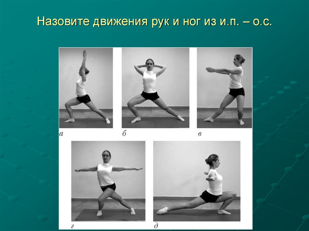 Назовите движения рук и ног из и.п. – о.с.