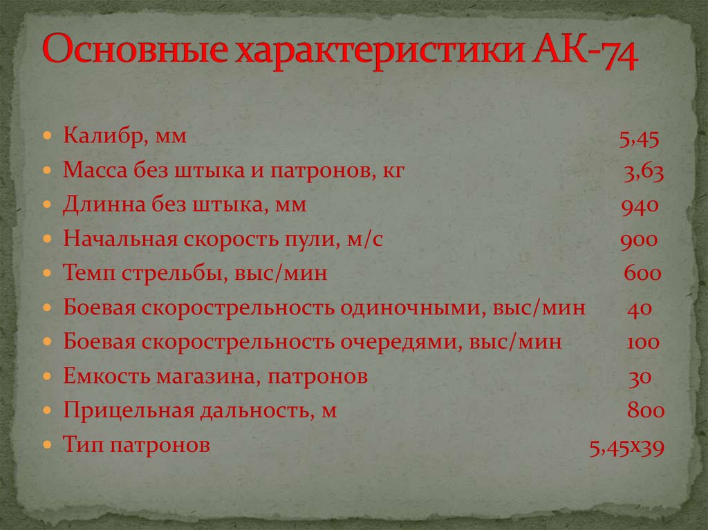 Основные характеристики АК-74