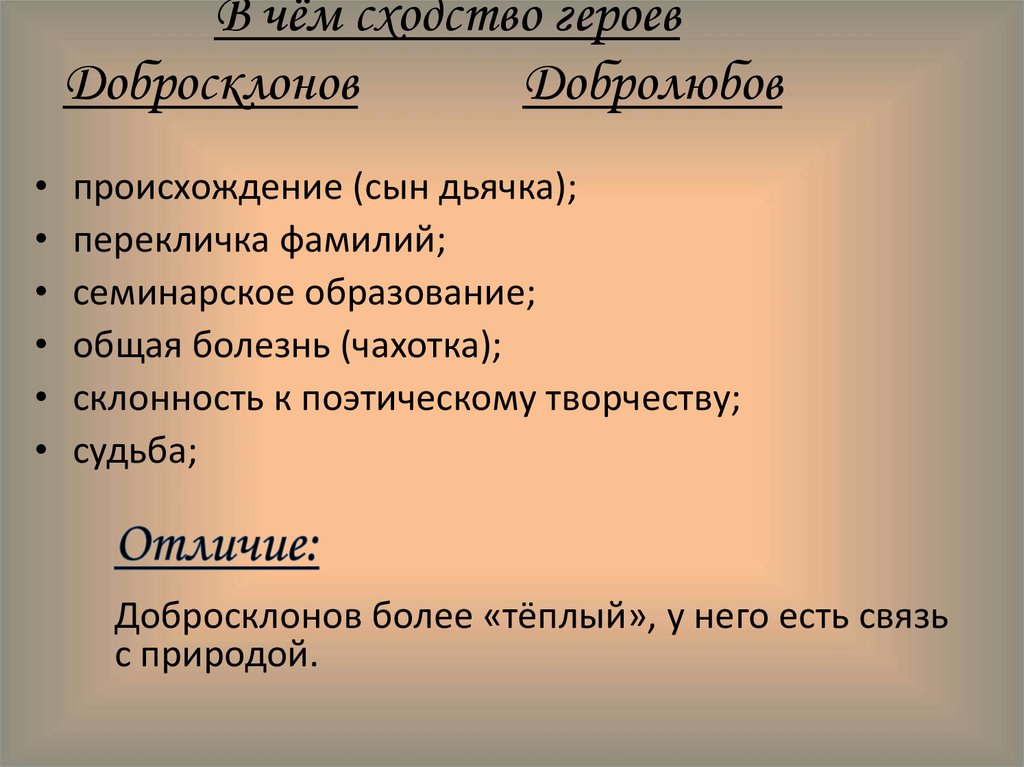 В чём сходство героев Добросклонов Добролюбов