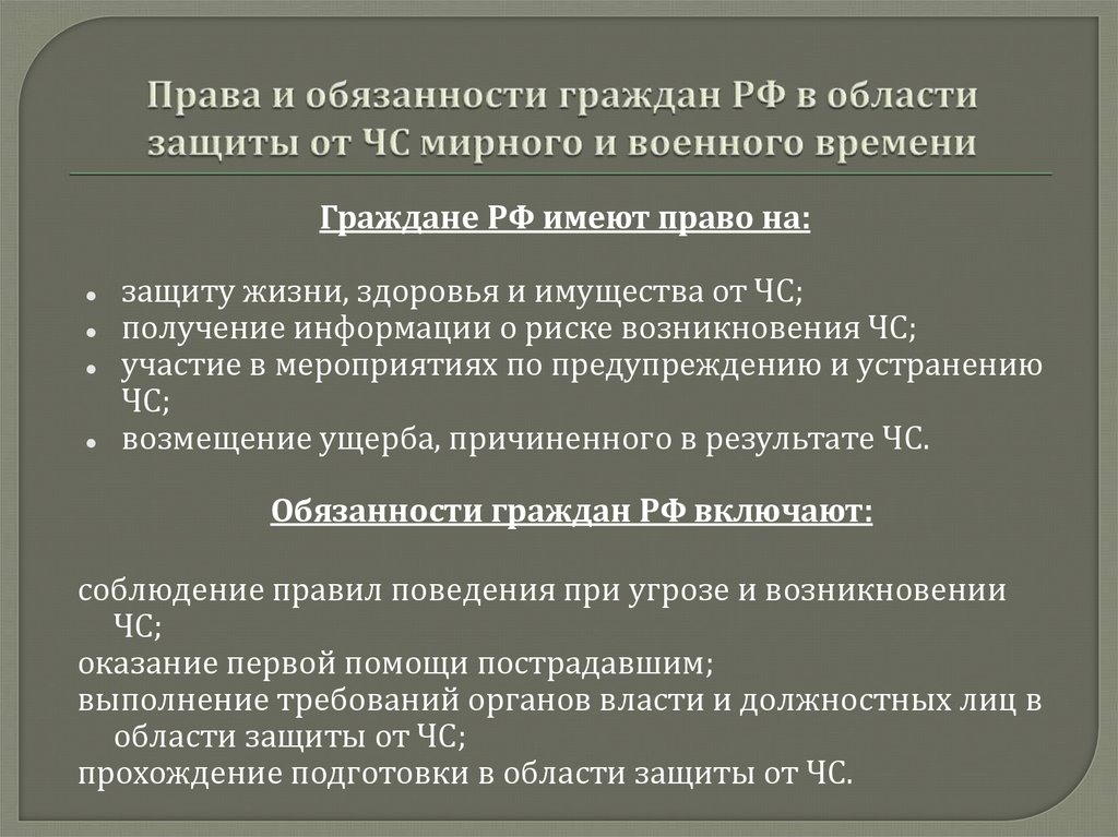 Права и обязанности граждан РФ в области защиты от ЧС мирного и военного времени
