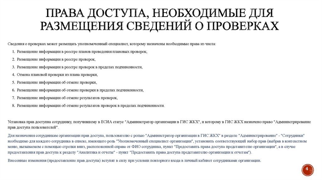 Права доступа, необходимые для размещения сведений о проверках