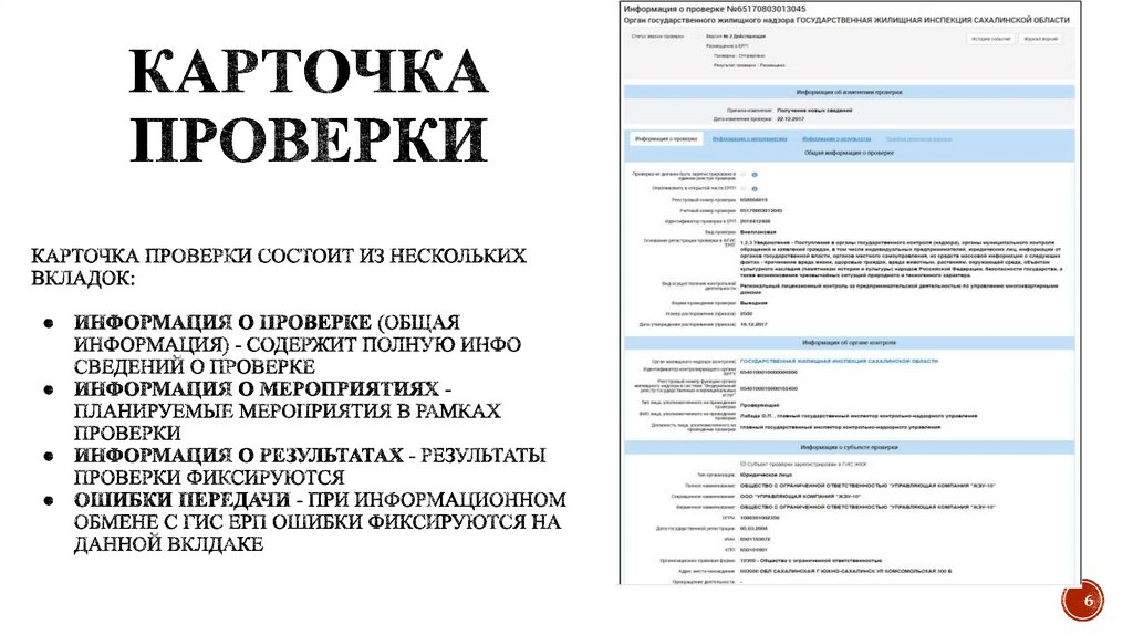 Карточка проверки Карточка проверки состоит из нескольких вкладок: Информация о проверке (общая информация) - содержит полную