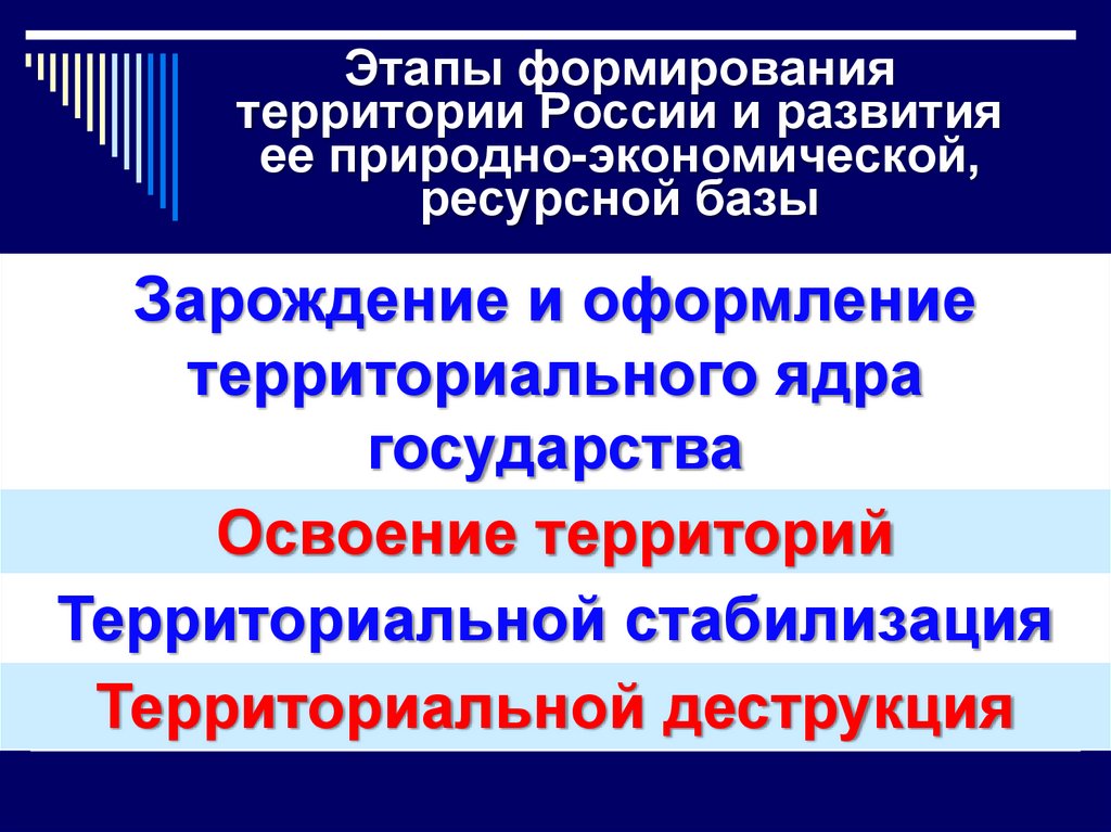 Этапы формирования территории России и развития ее природно-экономической, ресурсной базы