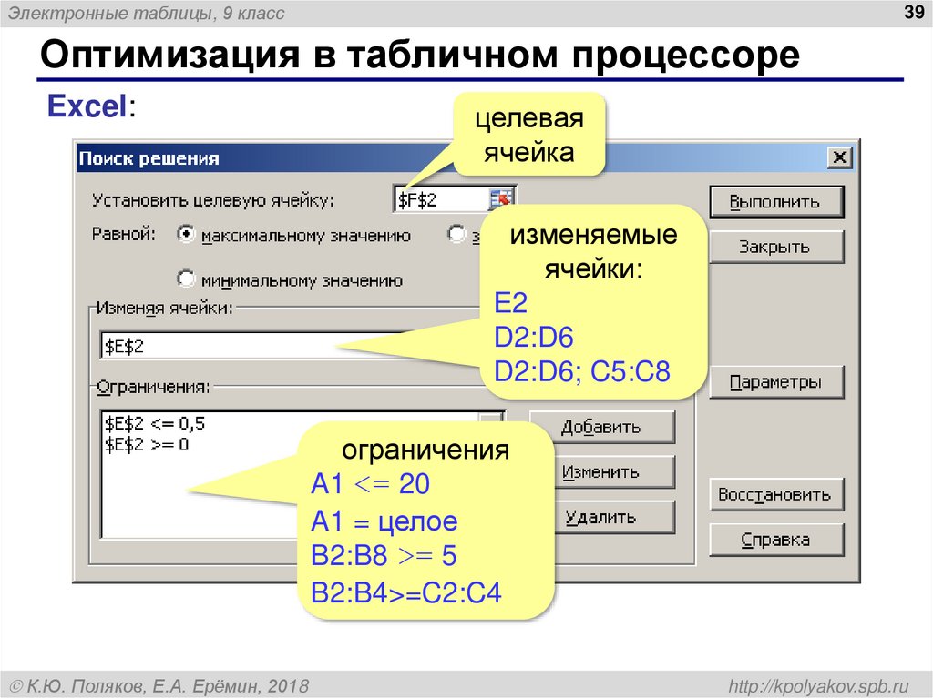 Оптимизация в табличном процессоре