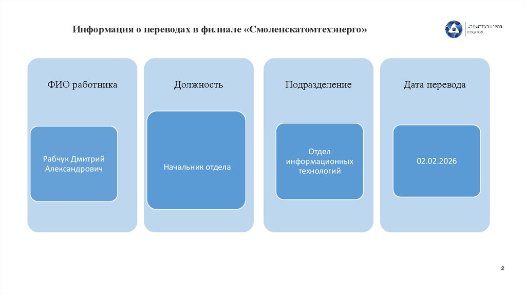 Информация о переводах в филиале «Смоленскатомтехэнерго»