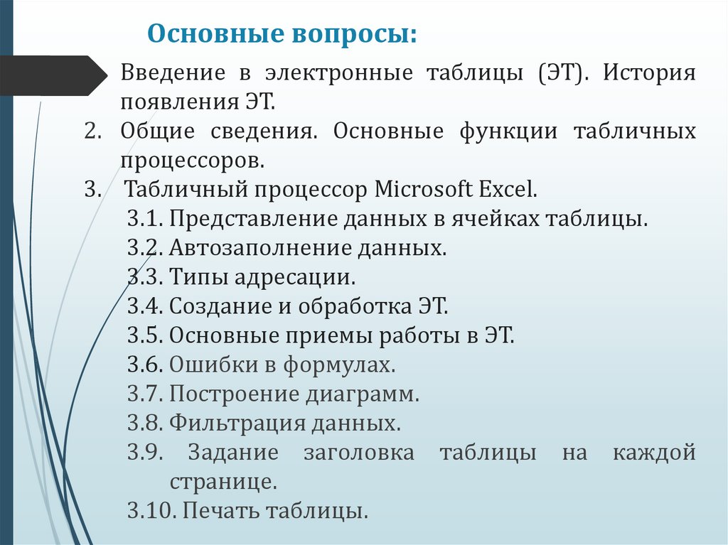 Основные вопросы: