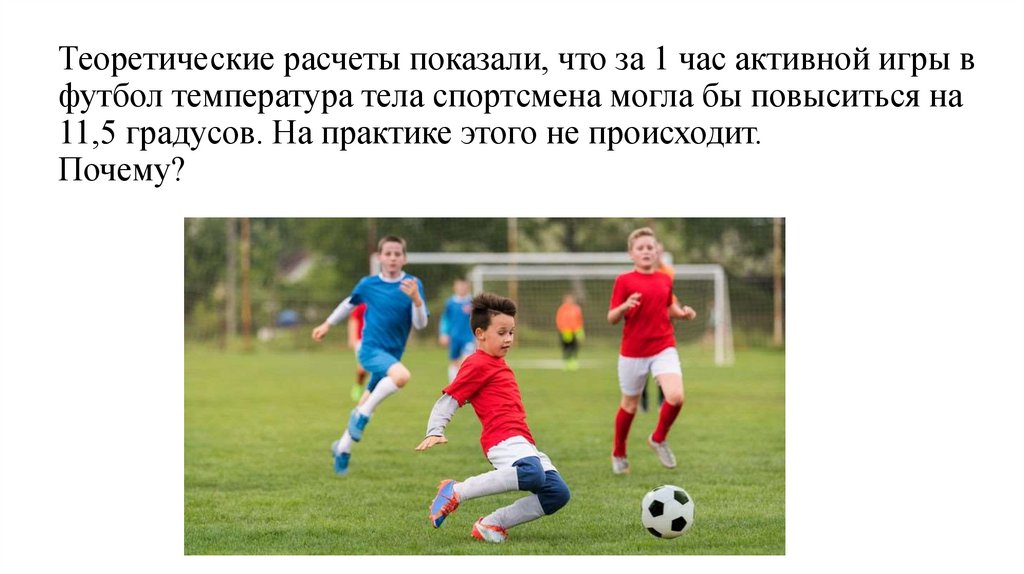 Теоретические расчеты показали, что за 1 час активной игры в футбол температура тела спортсмена могла бы повыситься на 11,5