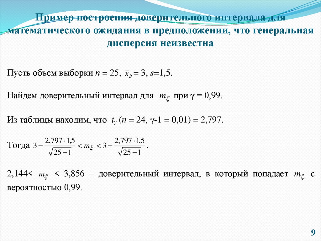 Пример построения доверительного интервала для математического ожидания в предположении, что генеральная дисперсия неизвестна