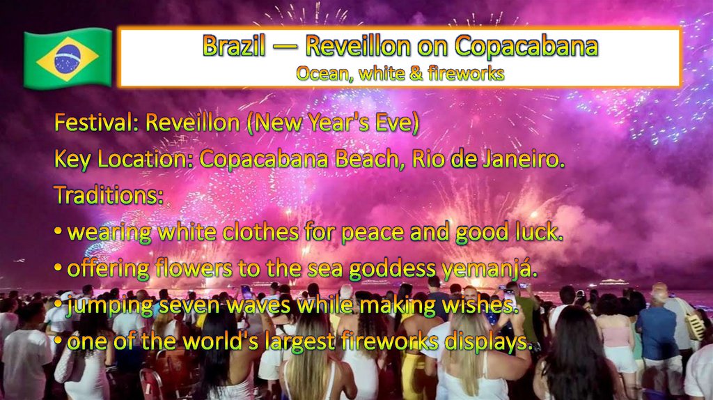 Brazil — Reveillon on Copacabana Ocean, white & fireworks