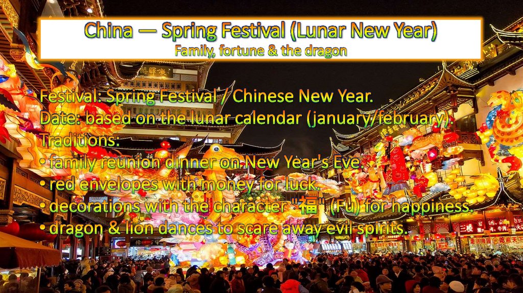 China — Spring Festival (Lunar New Year) Family, fortune & the dragon