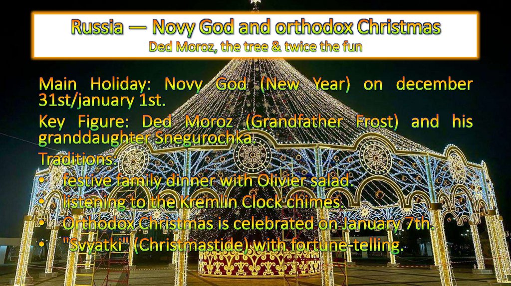 Russia — Novy God and orthodox Christmas Ded Moroz, the tree & twice the fun
