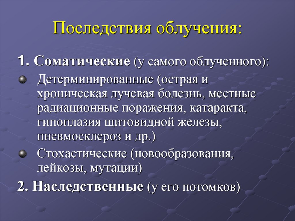 Последствия облучения: