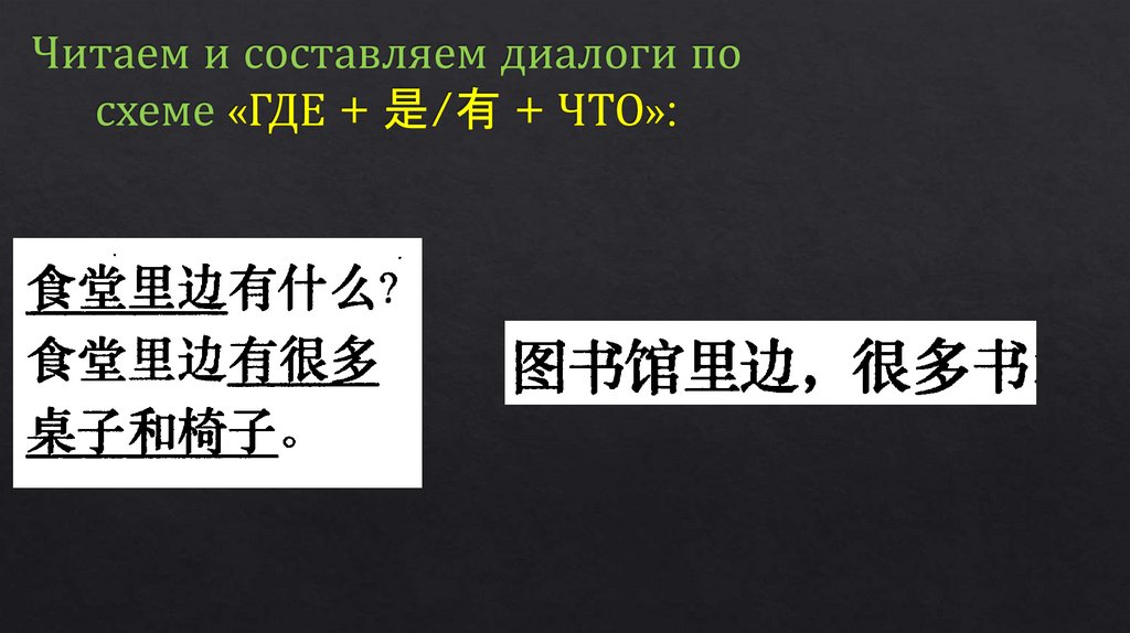 Читаем и составляем диалоги по схеме «ГДЕ + 是/有 + ЧТО»: