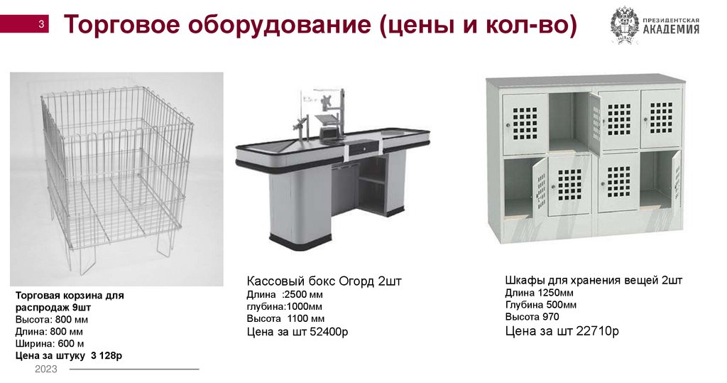 Торговое оборудование (цены и кол-во)