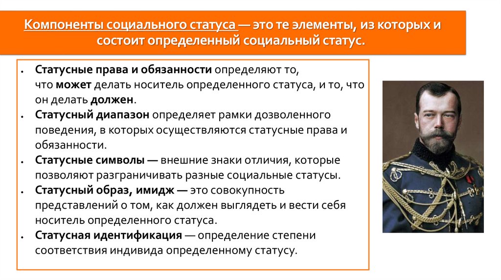 Компоненты социального статуса — это те элементы, из которых и состоит определенный социальный статус. 