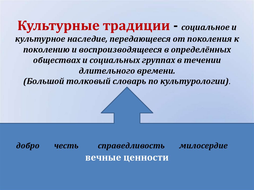 Культурные традиции - социальное и культурное наследие, передающееся от поколения к поколению и воспроизводящееся в