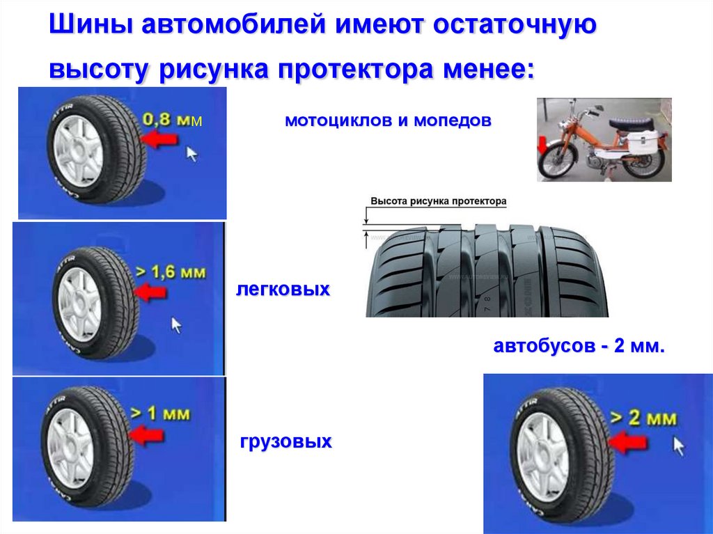 Шины автомобилей имеют остаточную высоту рисунка протектора менее: