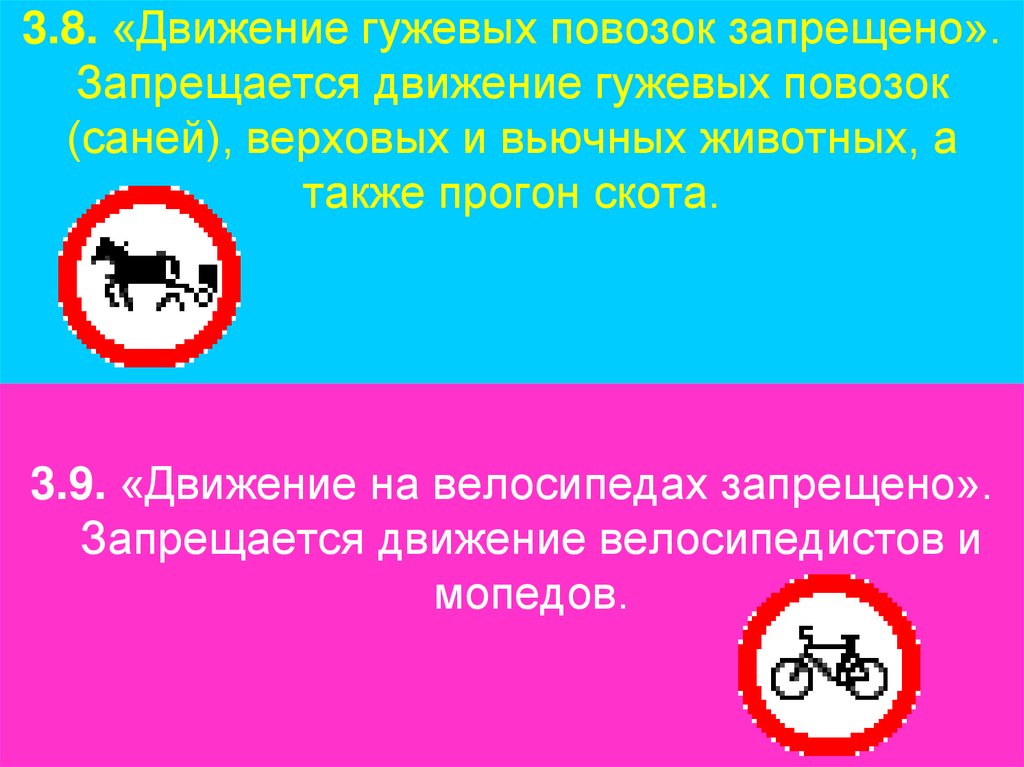 3.8. «Движение гужевых повозок запрещено». Запрещается движение гужевых повозок (саней), верховых и вьючных животных, а также
