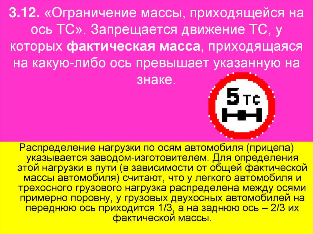 3.12. «Ограничение массы, приходящейся на ось ТС». Запрещается движение ТС, у которых фактическая масса, приходящаяся на