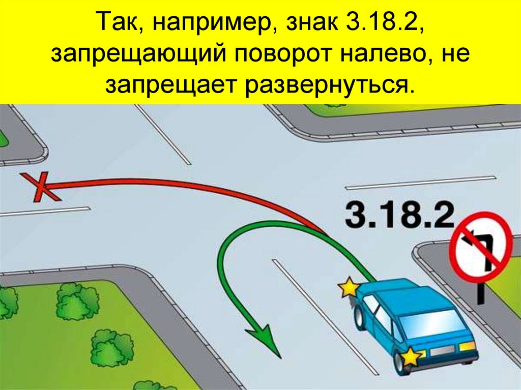 Так, например, знак 3.18.2, запрещающий поворот налево, не запрещает развернуться.