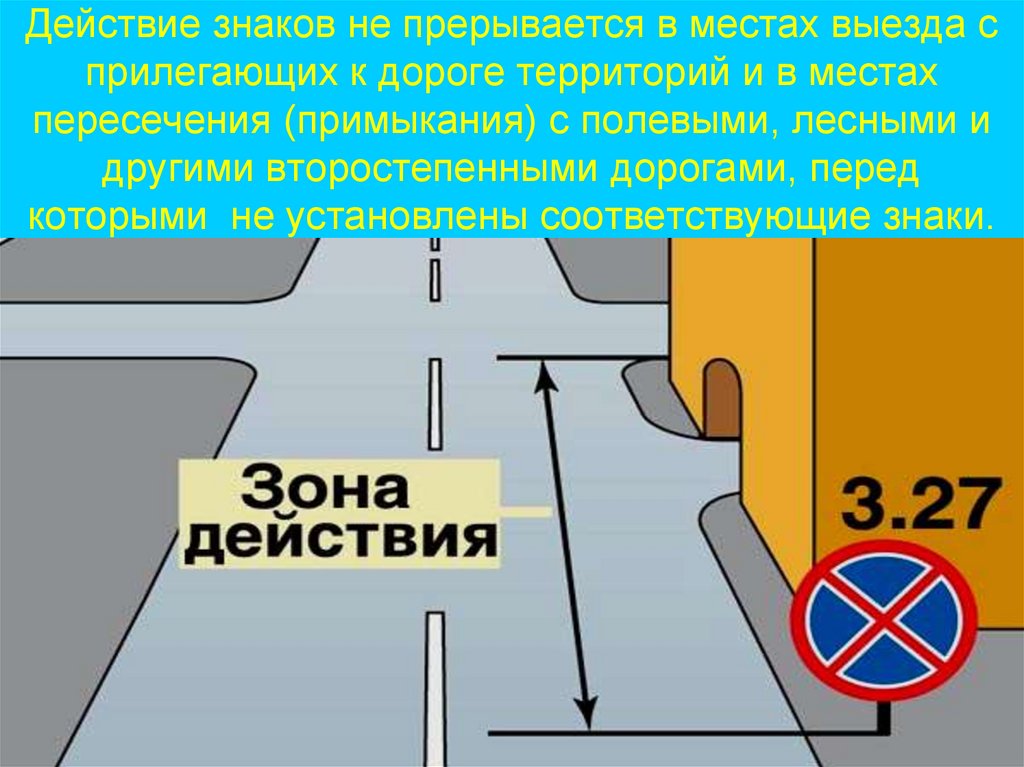 Действие знаков не прерывается в местах выезда с прилегающих к дороге территорий и в местах пересечения (примыкания) с