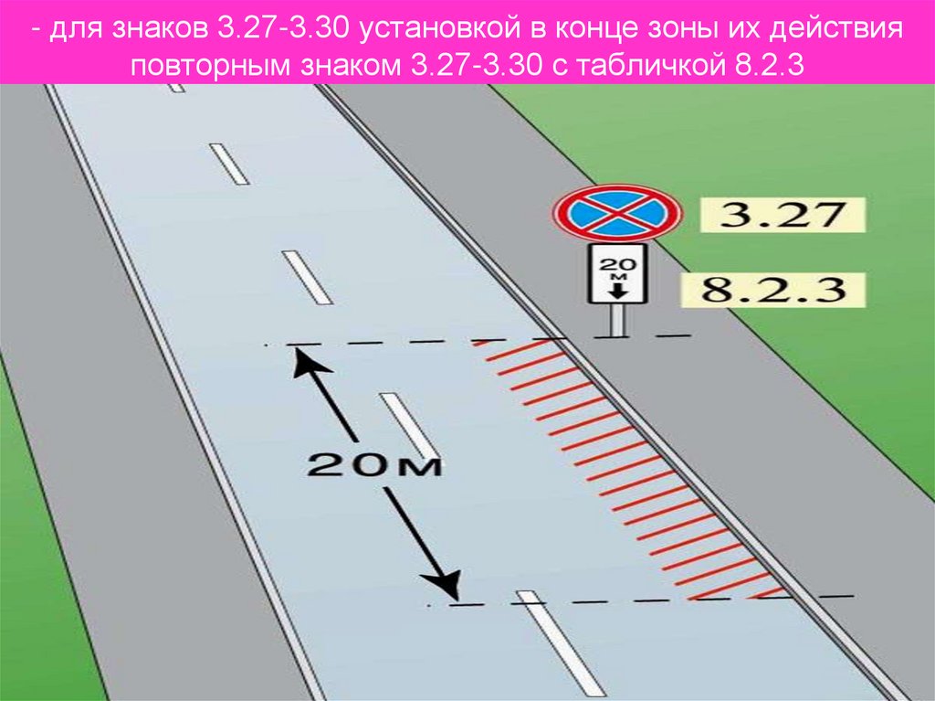 - для знаков 3.27-3.30 установкой в конце зоны их действия повторным знаком 3.27-3.30 с табличкой 8.2.3