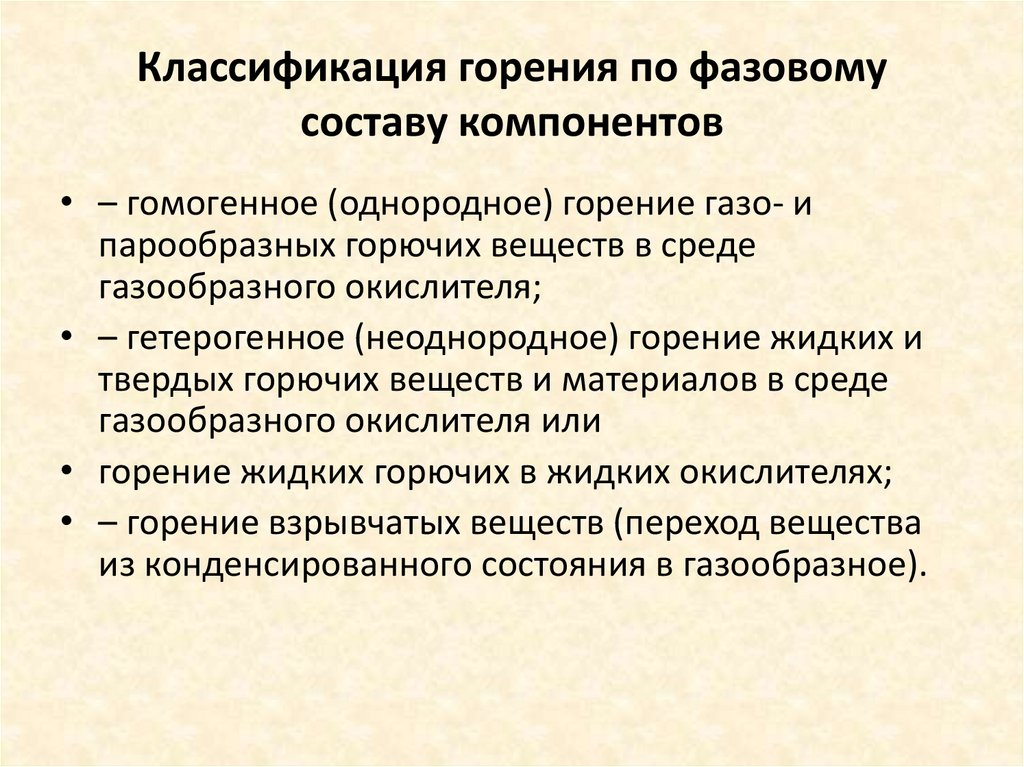 Классификация горения по фазовому составу компонентов