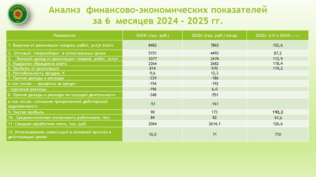 Анализ финансово-экономических показателей за 6 месяцев 2024 - 2025 гг.