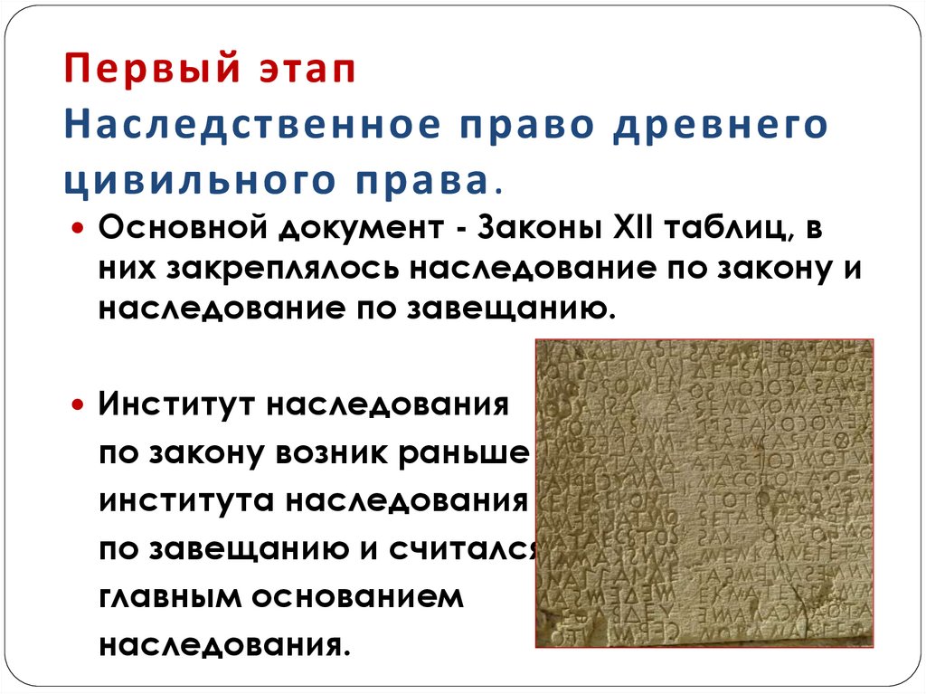 Первый этап Наследственное право древнего цивильного права.