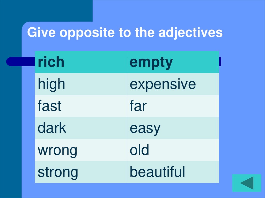 Give opposite to the adjectives