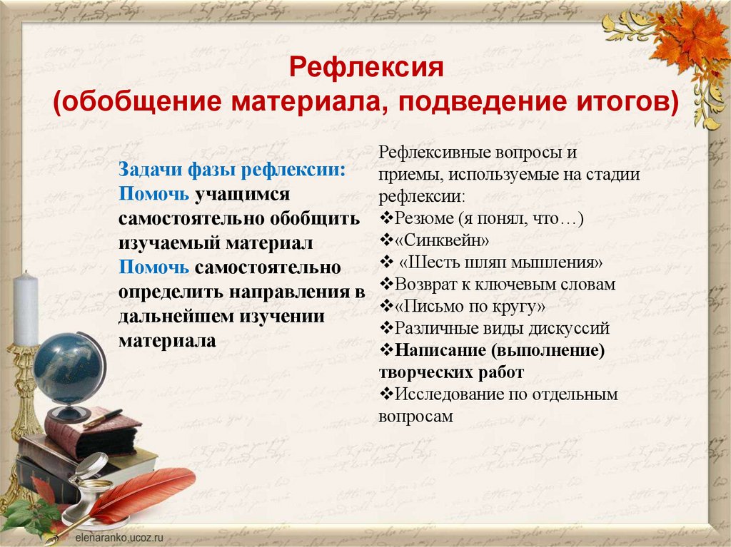 Рефлексия (обобщение материала, подведение итогов)
