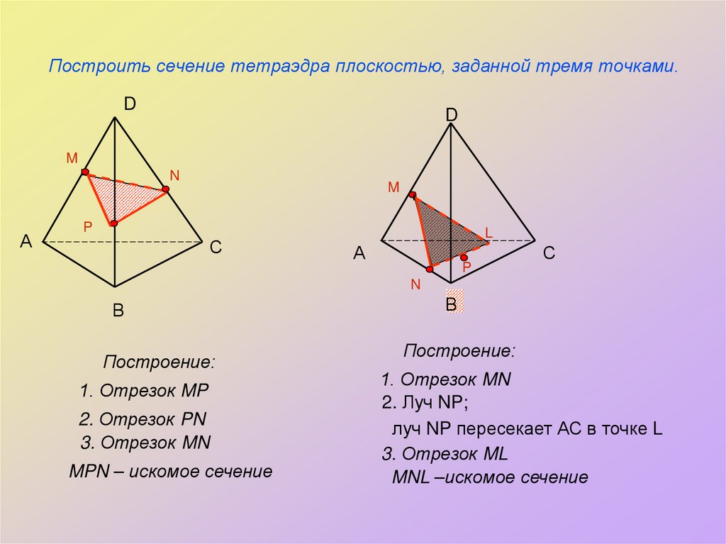 Построить сечение тетраэдра плоскостью, заданной тремя точками.